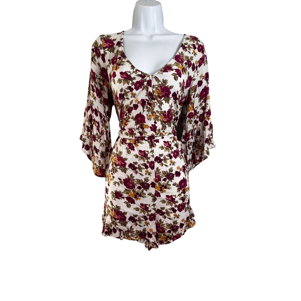 American Eagle Floral Romper Bell Sleeve Ruffle Hem Boho Burgundy Cream Small